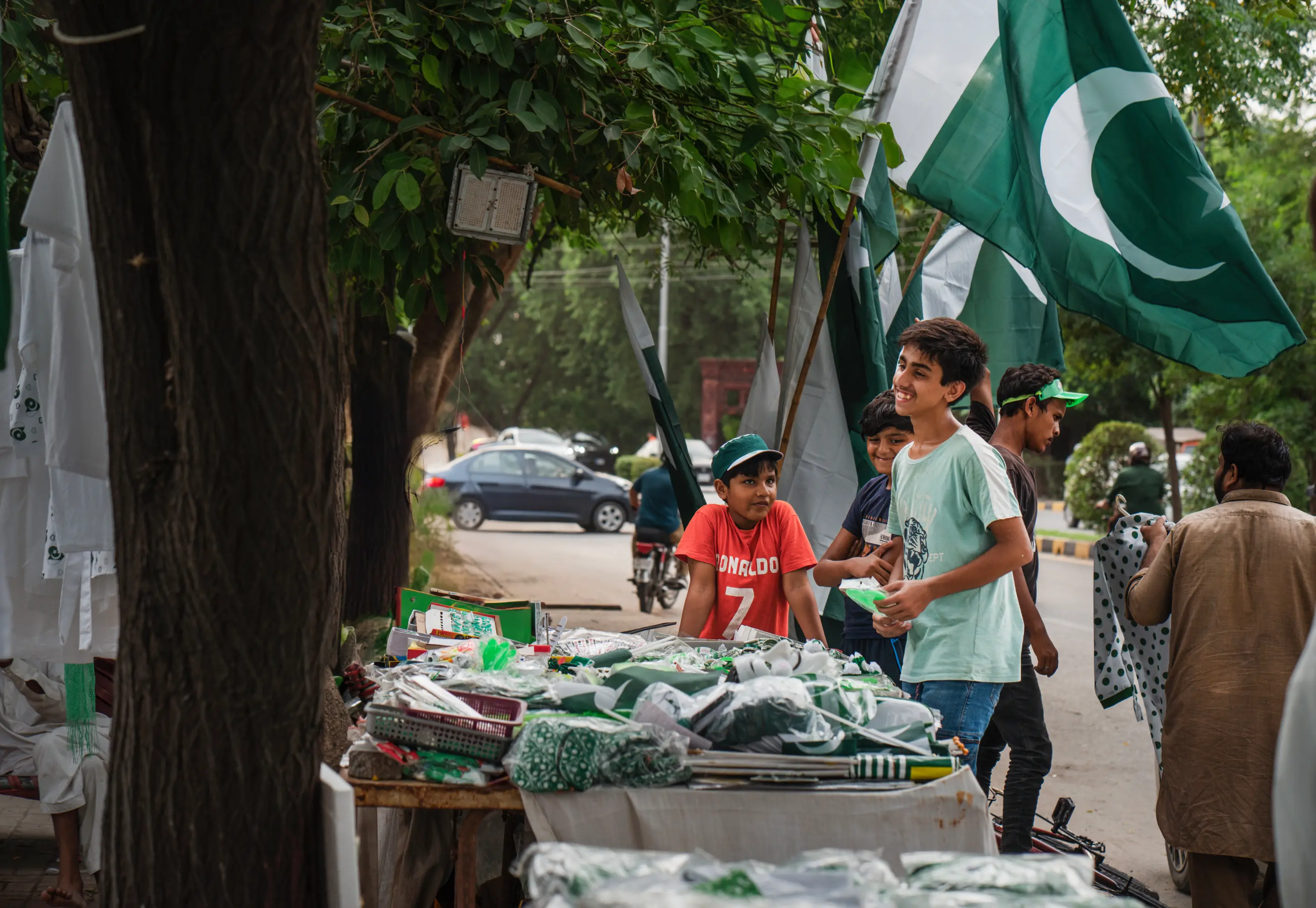 Almost all stalls, including this one in Model Town C Block, source their Independence Day wares from Urdu Bazaar