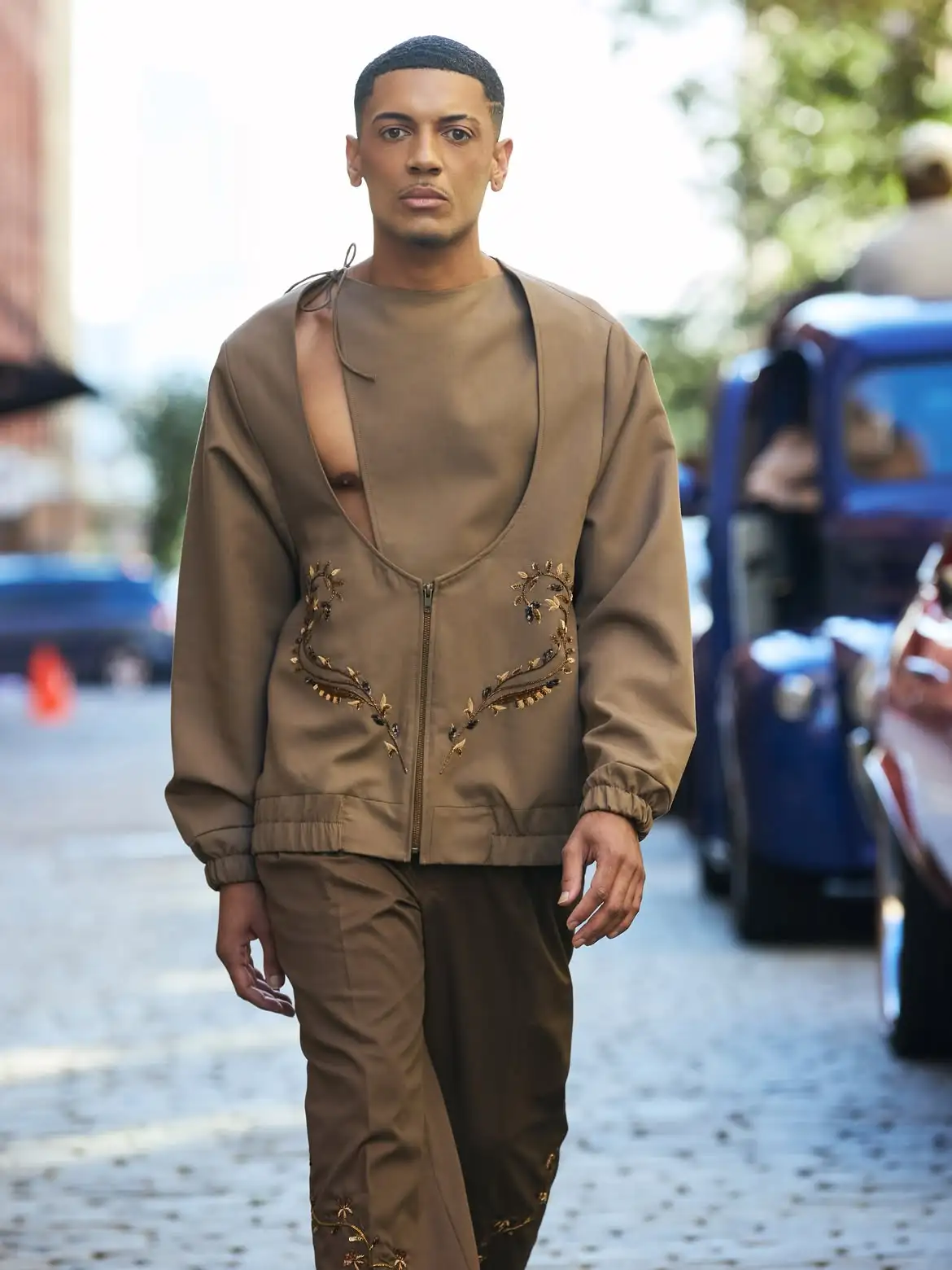 SS-27 THE OTHER AND I @nyfw LOOK 9 David (@imsuchadavid) wears the embellished jama false front top